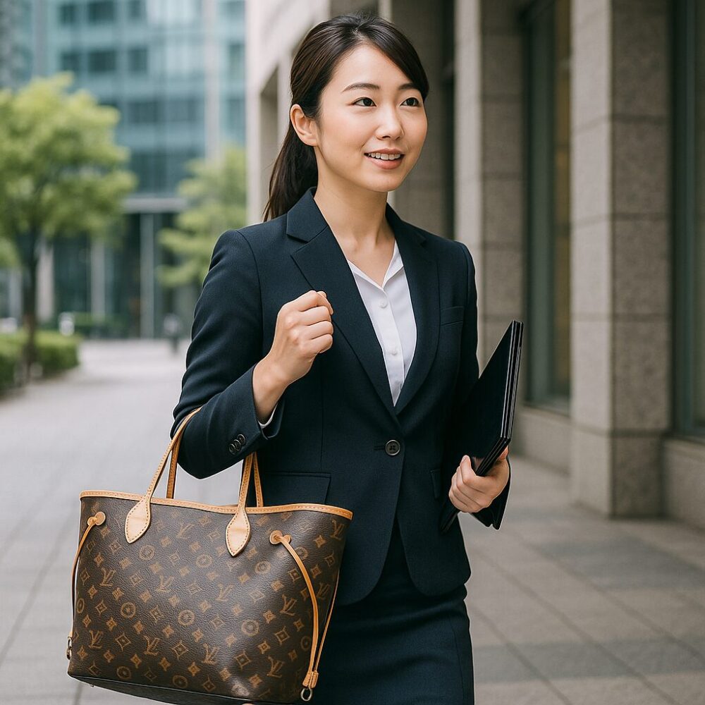 「Neverfull(決して満杯にならない)」が示すように、収納力は抜群。荷物が多くても型崩れしにくい構造